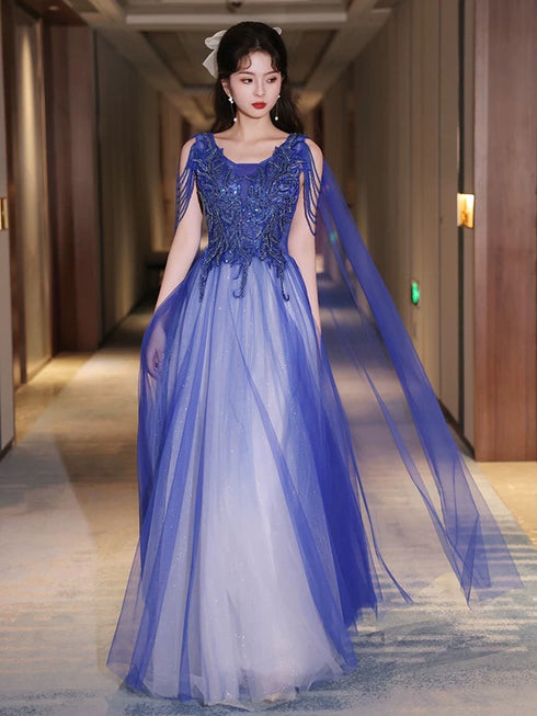 Blue and White V-neckline Floor Length Tulle Party Dress, A-line Long Formal Dress Prom Dress